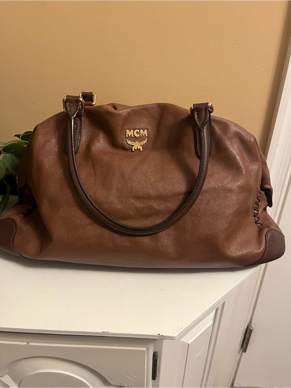 MCM Brown Leather Tote with Gold Logo